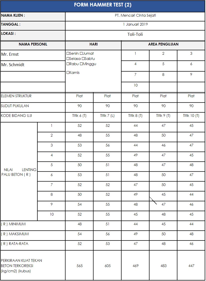 form laporan hammer test