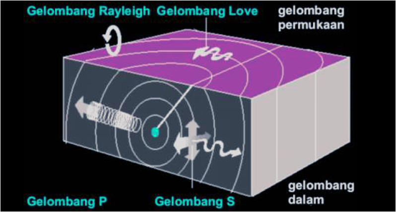 Ilustrasi jenis pergerakan gerakan gelombang seismik di lapisan dan permukaan bumi 